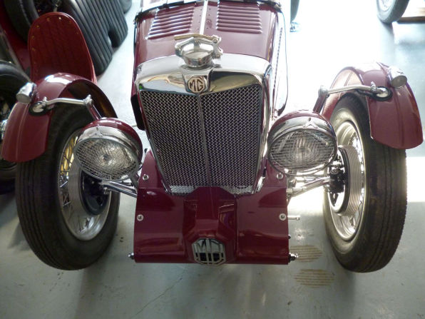 Head-on view of the finished car, showing the MG radiator grille, badge and headlamps.