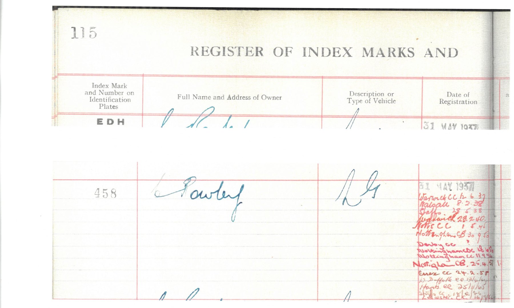 A page from the Walsall County Borough register of index marks showing the entry for EDH 458: the index mark and number, the owner's name in ink, a registration date stamp of 31 May 1937, and a column of handwritten transfers to other licensing authorities running from 1937 to 1966.